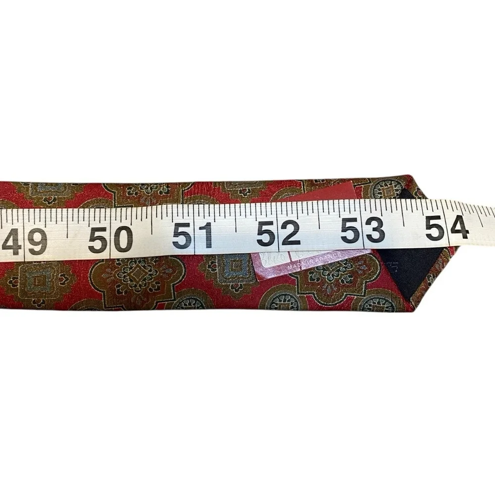 Vintage S.T. Dupont Paris Tie Red Olive Green Medallion Ornate Silk Made France